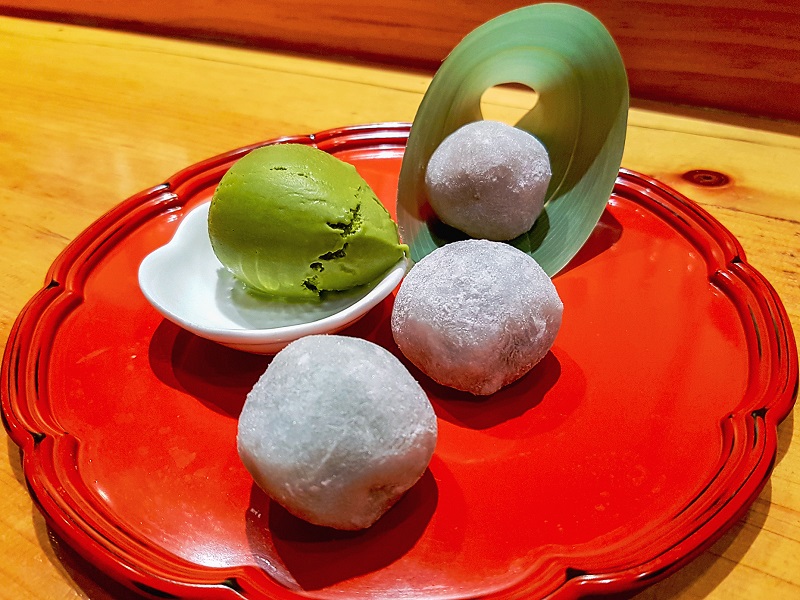 Japanese dessert made with mochis and matcha tea ice cream