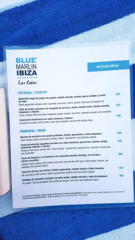 Menu du Blue Marlin Ibiza